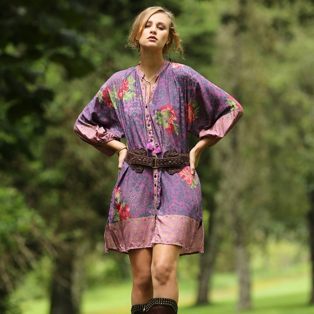 Tulle & Batiste Gazelle Shirt Dress Purple Potion Boho Button Front Rayon LG